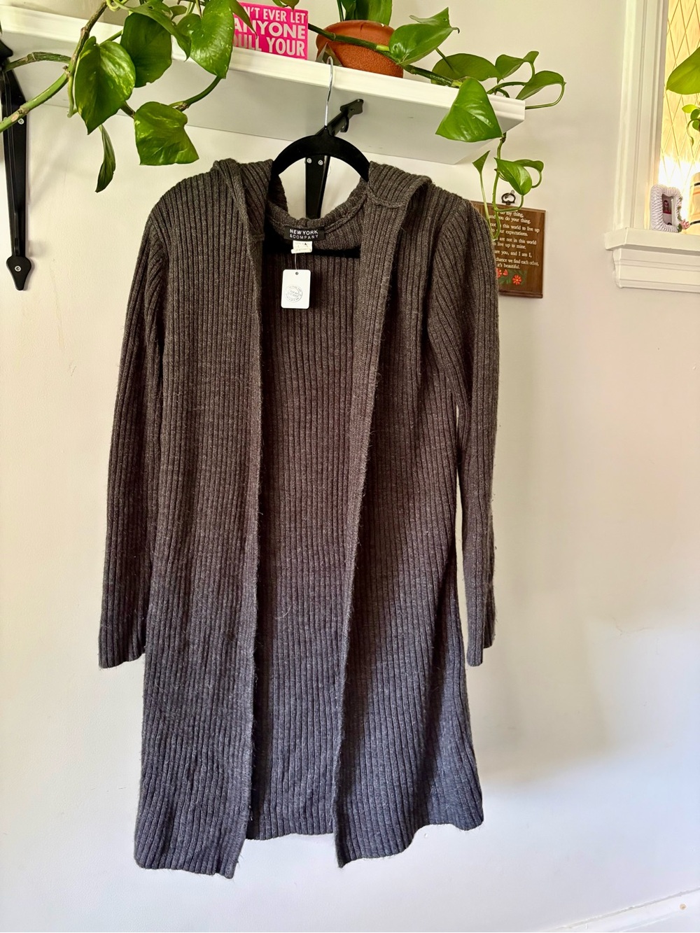 New York & Company Long Ribbed Hooded Cardigan - Charcoal